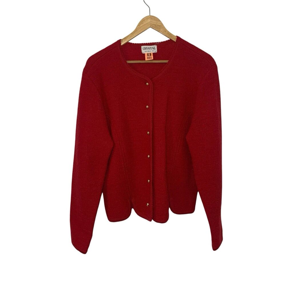 Vintage Crystal Sportswear Boiled Wool Red Button Up Cardigan M Grandmacore
